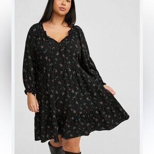 Torrid Challis Black Floral Long Sleeve Mini Dress